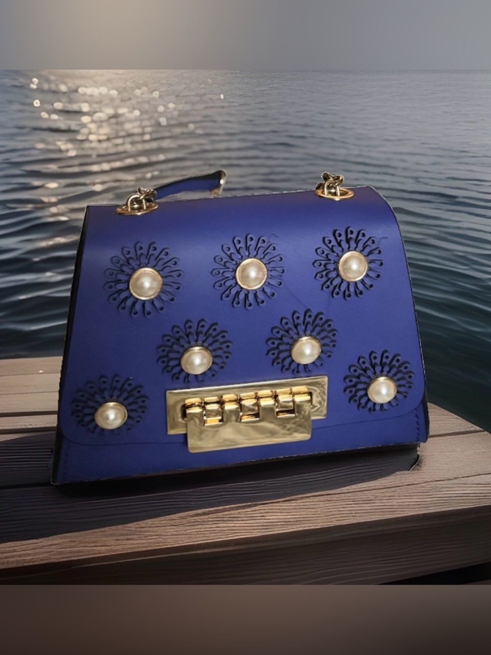 Zac Posen NWOT Leather Blue Pearl-Accent Crossbody Bag